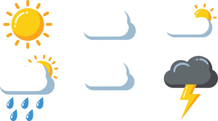 Collection of six distinct flat style weather icons representing sun rain snow cloudy and thunderstorm conditions for forecasts