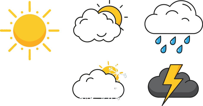 Collection of five distinct weather condition icons including bright sun rain snow partly cloudy and severe thunderstorm symbols