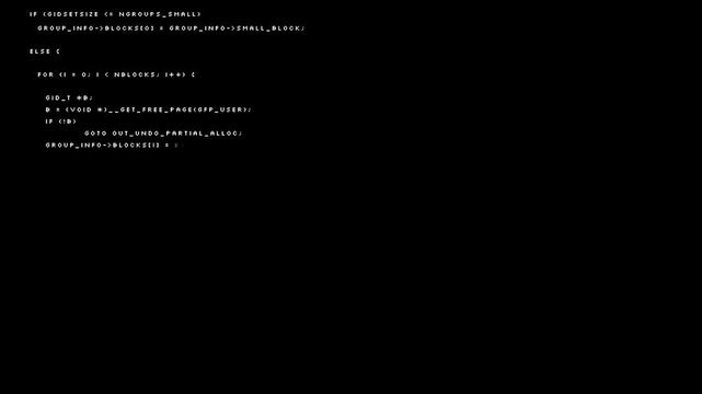 Scrolling white software source code on black background for programming and cybersecurity concept