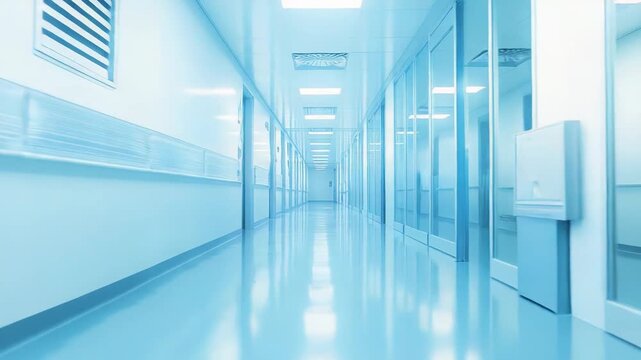 Bright empty corridor in a contemporary medical center featuring sterile design, shiny floor, walls with handrails, and glass doors, representing healthcare, research, and future technology