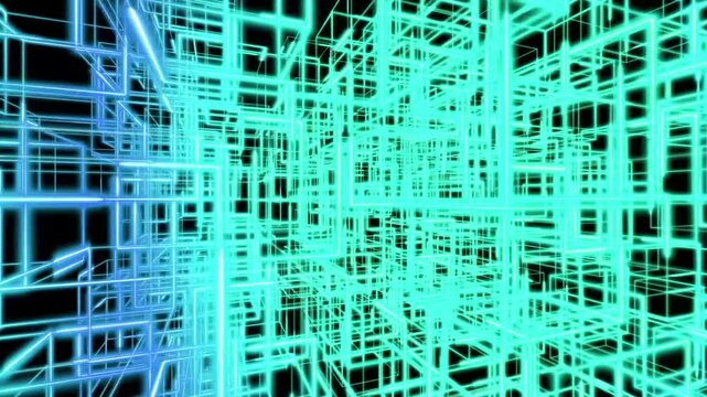 Light cubes interlock like a jungle gym. An animation of glowing light moving across cubes that shift through vibrant colors. A rotating, continuous looping background.