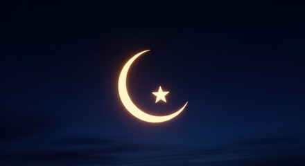 Eid Mubarak background with glowing Star and Crescent moon against blue night sky. Religious holiday banner for Muslim community for Ramadan, Islamic concept.