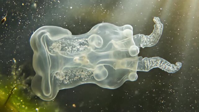 Microscopic amoeba organism with translucent body and internal granular structures, showcasing pseudopod movement and cellular activity in a dark aquatic environment with bokeh light effects