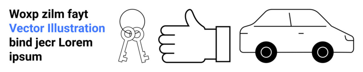 Obraz premium Vehicle ownership, rental services, transportation, key exchange, business agreements, positive feedback. Hand showing thumbs-up near car outline and keys. Transportation and rental services concept