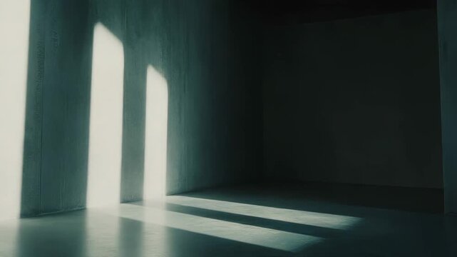 Sunlight beams pouring through an arched hidden opening illuminate a dark, minimalist concrete room, creating dramatic shadows and a moody atmosphere across the floor and walls