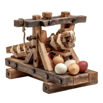 Wooden Ballista Model Crafted With Egg Ammunition PNG on Transparent Background