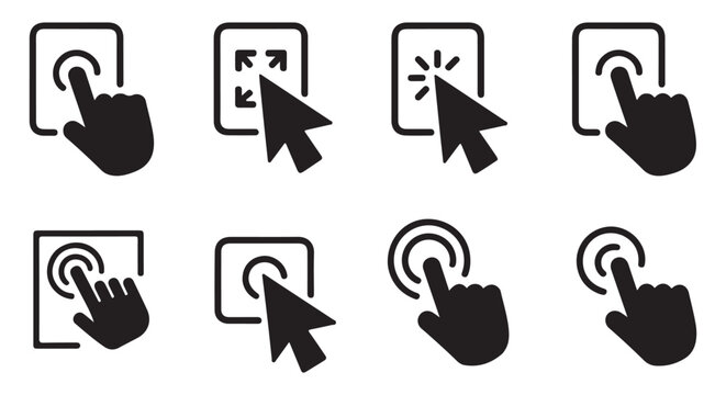 Interactive touch screen and mouse cursor icons combined with tablet display frames for user interface
