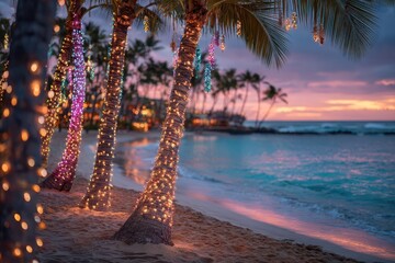 Fototapeta premium Festive palm trees on a tropical beach with Christmas lights at golden hour