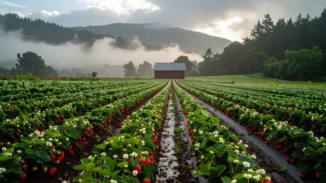 Rows of flowering plants with a barn in the background, misty hills in distance