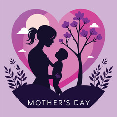 Maternal Love Mother and Child Silhouette in Heart for Mother's Day