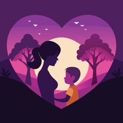 Mother and Son Love Silhouette in Heart Landscape