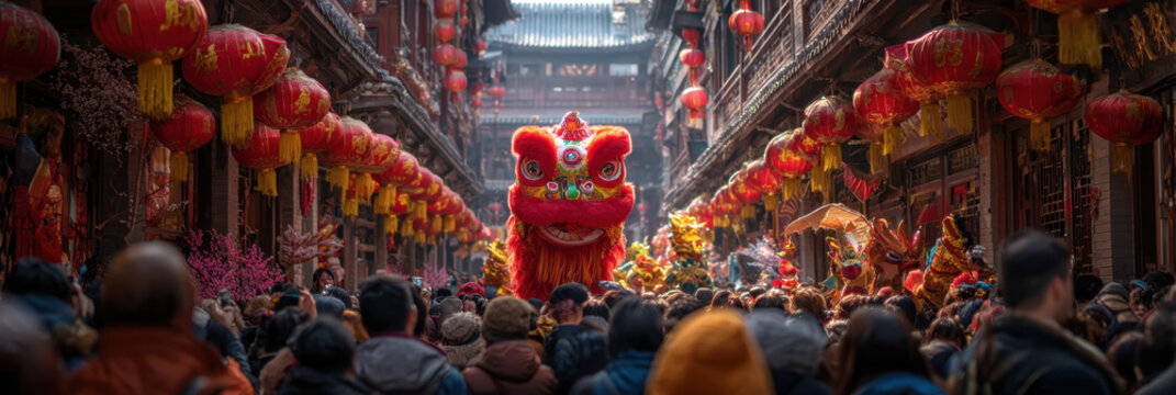 Vibrant Chinese dragon dance performance takes place in bustling street filled with colorful lanterns and lively crowd, creating atmosphere of celebration and joy