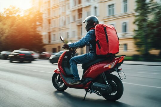 Food delivery driver on scooter making deliveries in busy city street during late afternoon