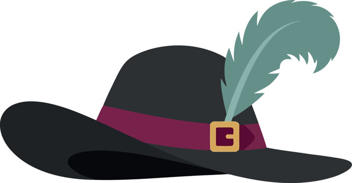 Vector illustration of a musketeer hat with feather, wide brim, and decorative buckle for costume design
