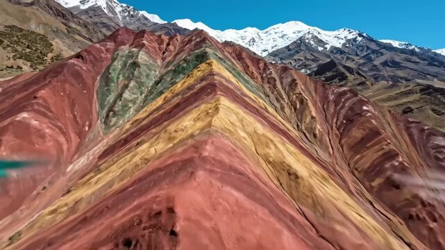 Panoramic drone view of Rainbow Mountain in the Andes, highlighting its stripes of red, yellow, green, and blue under a clear sky.