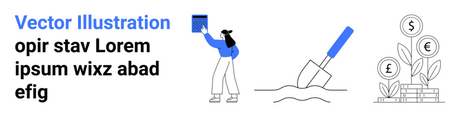 Business growth, investment strategies, farming, financial planning, personal development, environment. Person holding a book, shovel digging soil plant with currency symbols. Business growth © robu_s