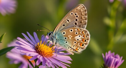 Obraz premium Brown and Blue Butterfly on Purple Aster Flower
