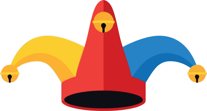 Colorful jester hat illustration with bells, traditional clown costume accessory for carnival and festive events