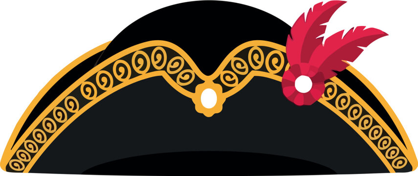 Elegant black bicorne hat with gold trim and red feather for historical costume or pirate theme