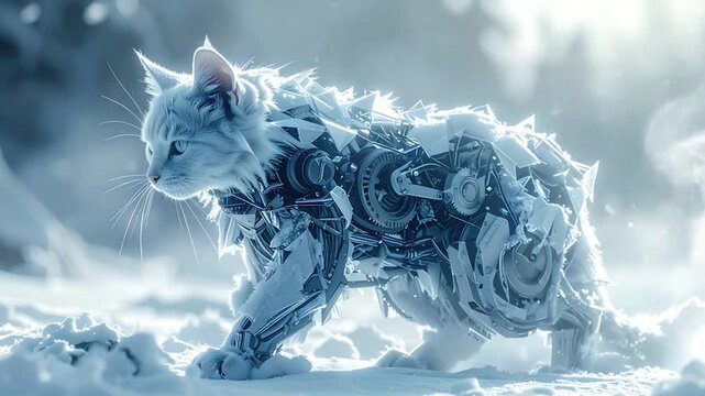 A robotic cat prowls through snow, its mechanics exposed