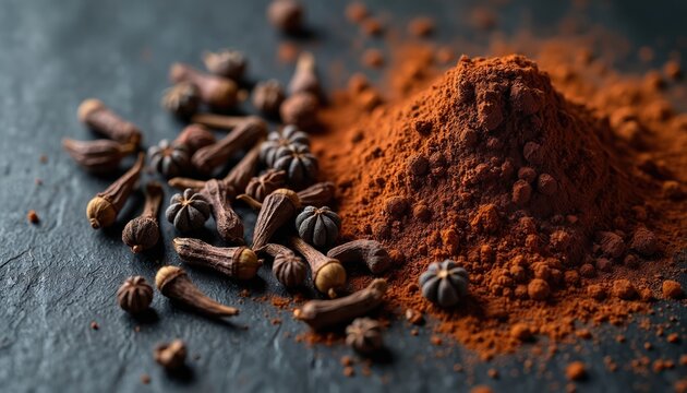 Whole and powdered cloves arranged on dark rough surface. Aromatic spice ready for culinary use, baking, or as natural health remedy. Rich texture, warm brown color.