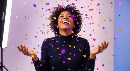 Woman Celebrating with Confetti in Studio Setting.