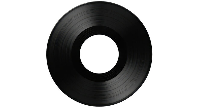 Black vinyl LP record with a blank white label, top view. Isolated on transparent background, png