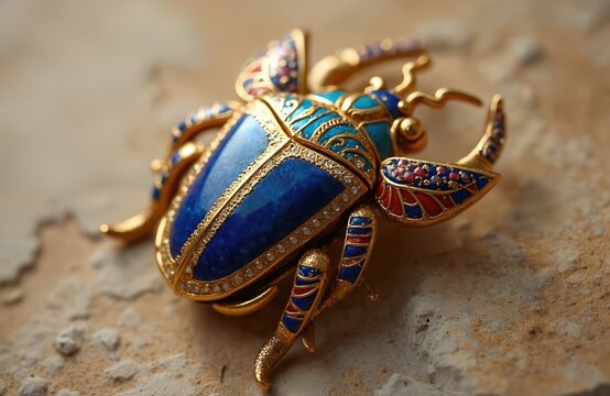 Ornate gold scarab jewel detailed with blue lapis lazuli and red gems. Intricate design evokes ancient Egyptian luxury and artistry. This precious artifact is an exquisite piece of craftsmanship.