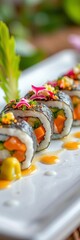 A perfectly plated sushi roll with vibrant ingredients and decorative garnishes,  fresh,  edible