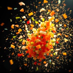 A kaleidoscope of pico de gallo shards dances mid-air, a vibrant, soft-focus explosion of fresh flavors,  elevated,  dutch angle