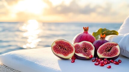 Fresh figs and pomegranates on white lounger ocean horizon golden hour glow