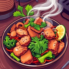 Authentic Thai street food stir fry with crispy pork and kale, vibrant illustration vector,  restaurant menu,  street food
