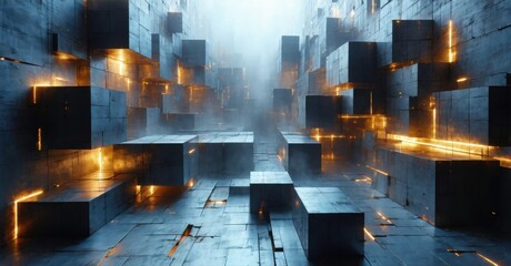 Fototapeta premium Futuristic cityscape. Concrete blocks illuminated by bright orange lines. Foggy atmosphere creates mysterious depth. Minimalist design.