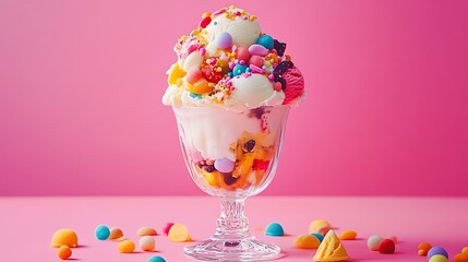 Giant ice cream sundae with colorful toppings on vibrant pink table cheerful mood