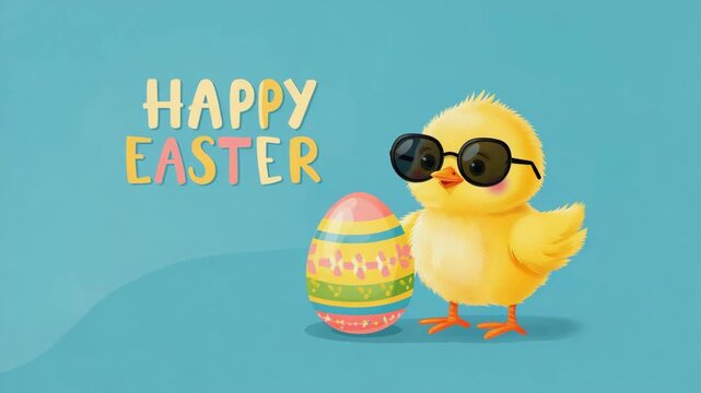 Cute chick with sunglasses next to a decorated Easter egg in a bright setting during the Easter holiday celebration