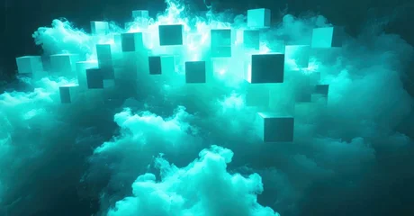 Abstract cubes float within swirling turquoise smoke. Dramatic lighting creates depth, emphasizing geometric forms amidst nebulous clouds. © antishock