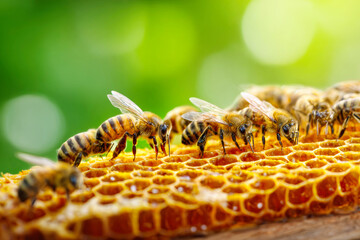 Fototapeta premium Bees collect honey from the honeycomb in a hive outdoors with a green background. The activity shows their hard work and focus in detail