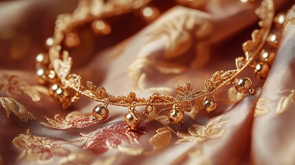 Golden anklet with tiny bells against a satin cloth