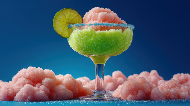Icy Marshmallow Margarita with Pink Slush and Blue Sugar Rim