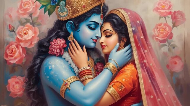 Watercolor illustration of Hindu deities Radha and Krishna embracing tenderly amidst a backdrop of soft pink roses, rendered with delicate brushstrokes and ethereal glow