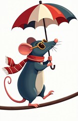 Cartoon rat wearing scarf sunglasses holds umbrella, walks on thin branch against white backdrop. Rodent character looks stylish, ready for any weather, ready for adventure.