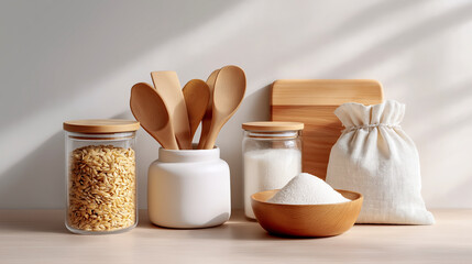 Kitchen glass jars of oats and sugar, wooden spoons in ceramic holder and cutting board on light wall background