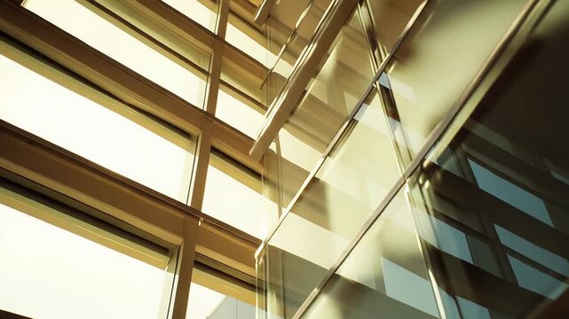Contemporary architecture featuring a geometric glass facade, reflecting warm sunlight and creating an abstract pattern of reflections and shadows during golden hour
