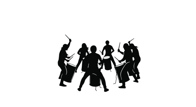 Energetic drummers performing in a circle, creating a powerful rhythm