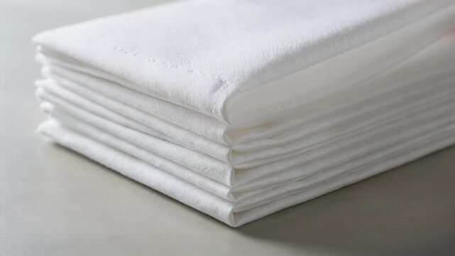 Closeup medium shot of dinnersize napkin sheets being folded and aligned into neat stacks showcasing smooth paper texture and crisp edges.