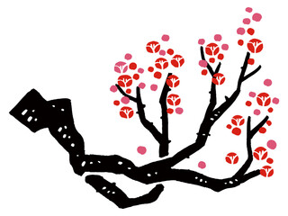 Woodcut Style Plum Blossom Branch Vector Illustration | Japanese Botanical Art