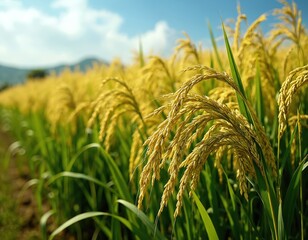 Golden rice stalks grow in a verdant field under a bright blue sky. This tropical agricultural landscape shows ripe grain ready for harvest. The sun shines on the cultivated land.
