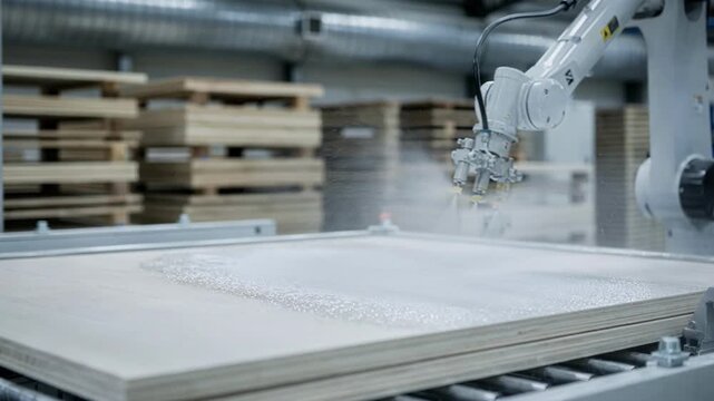 Automated robotic arm precisely applying primer on wooden panels ensuring smooth base coating for enhanced adhesion and durability in industrial wood finishing processes.
