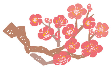 Woodcut Style Plum Blossom Branch Vector Illustration | Japanese Botanical Art
