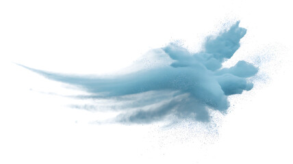 Abstract light blue powder burst frozen in motion, showing fine particles scattering with dynamic energy against a clean white backdrop.